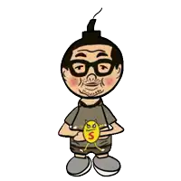 a cartoon of a man with glasses and a ponytail holding a yellow object with the letter s on it