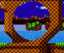 a video game scene with a checkered pattern and a river in the background