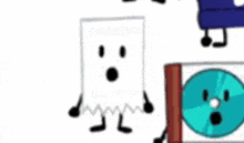 a cartoon character with a face is standing next to a cd case .