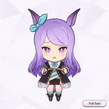 a picture of a girl with purple hair has a full size button below her