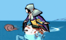 a cartoon of a woman riding on the back of a wolf in the ocean