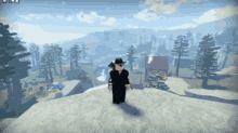a man in a hat is standing on top of a snowy hill