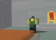 a roblox character is standing on a wooden table .