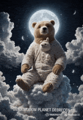 a teddy bear is sitting on a cloud in front of a full moon with the words 070entaxim planet debrecen below it