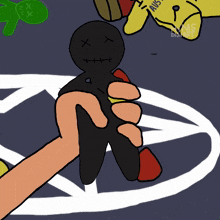 a cartoon drawing of a person holding a voodoo doll with a pentagram in the background
