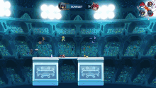 a video game screen shows scarlet fighting another character in a stadium