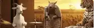 a goat a armadillo and a leopard playing instruments in front of a crowd