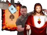 a man holding a playing card with a spade on it next to jesus