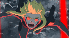 a cartoon character with green hair and red eyes screaming