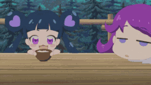 a little girl with purple eyes is eating rice from a bowl
