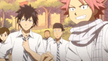 a group of anime characters are standing in a park and one of them has a scarf around his neck