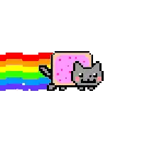 a pixel art drawing of a cat with a rainbow in the background