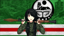 a girl with black hair is holding a rocket launcher in front of a flag