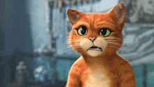 a cartoon cat with green eyes making a funny face