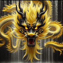 a painting of a yellow and black dragon with a waterfall behind it
