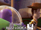 buzz lightyear and woody from toy story are standing next to each other with the caption buzz look a true