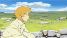 a cartoon of a boy sitting on a stone wall looking at a field