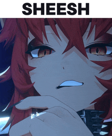 a close up of a red haired anime girl with the word sheesh above her