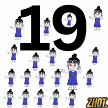 a cartoon drawing of a girl with the number 19 in the background