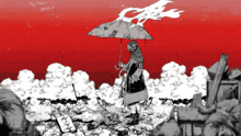 a black and white drawing of a man with an umbrella