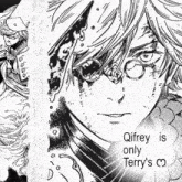 a black and white drawing of a person with the words qifrey is only terry 's on the bottom