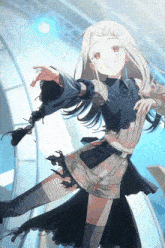 a girl with white hair and red eyes is wearing a black skirt