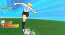 a cartoon soccer player is kicking a ball on a field .