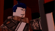 a cartoon character with blue hair and a military uniform