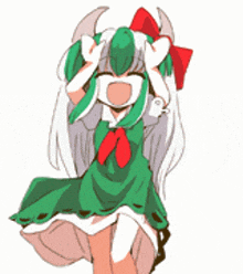 a cartoon girl with green and white hair is wearing a green dress and a red bow