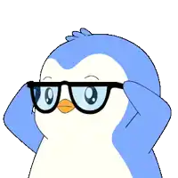a blue and white penguin wearing glasses looks at the camera