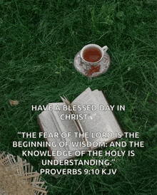 a book and a cup of tea are laying on the grass with a quote from proverbs 9:10 kjv
