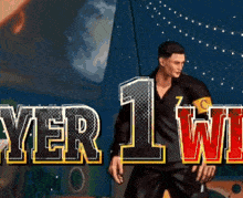 a man is standing in front of a screen that says player 1 win