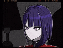 a black and white drawing of a girl with purple hair and the number 465 on the bottom right