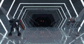 a robot with red eyes is standing in a dark room with lights