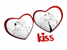 a couple of heart shaped frames with the word kiss on the bottom