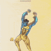 a cartoon drawing of a man in a blue and yellow costume