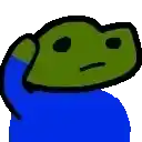 a cartoon frog with a blue shirt on is making a sad face .