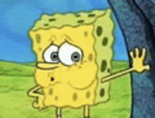 spongebob squarepants is standing next to a tree in a field with his hand outstretched .