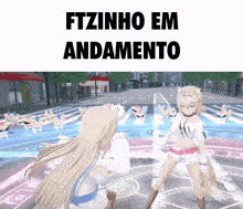 two anime girls are standing next to each other on a street with the words ftzinho em andamento above them