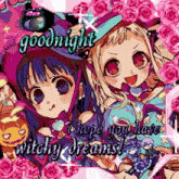 a picture of two anime girls with the words goodnight i hope you have witchy dreams on it