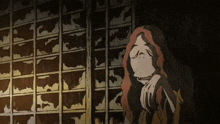 a cartoon drawing of a woman with long red hair standing in front of a wall