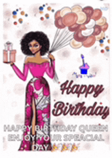 a birthday card with a woman in a pink dress holding balloons and a gift box .