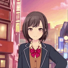 a girl in a school uniform stands in front of a cafe sign