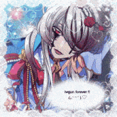 a picture of a girl with a rose in her hair and the words " ivejun forever " on the bottom