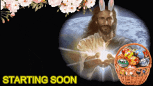 a picture of jesus holding a basket of easter eggs