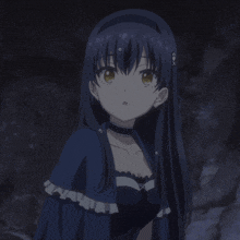 a girl with long black hair is pointing her finger