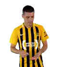 a man wearing a yellow and black striped shirt that says mestre da cop on it