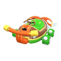 a green and orange toy airplane with a steering wheel on a white background