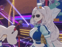 a cartoon girl wearing sunglasses and a top hat is standing in front of a microphone