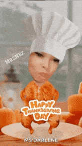 a woman in a chef 's hat is holding a roasted chicken on a plate .